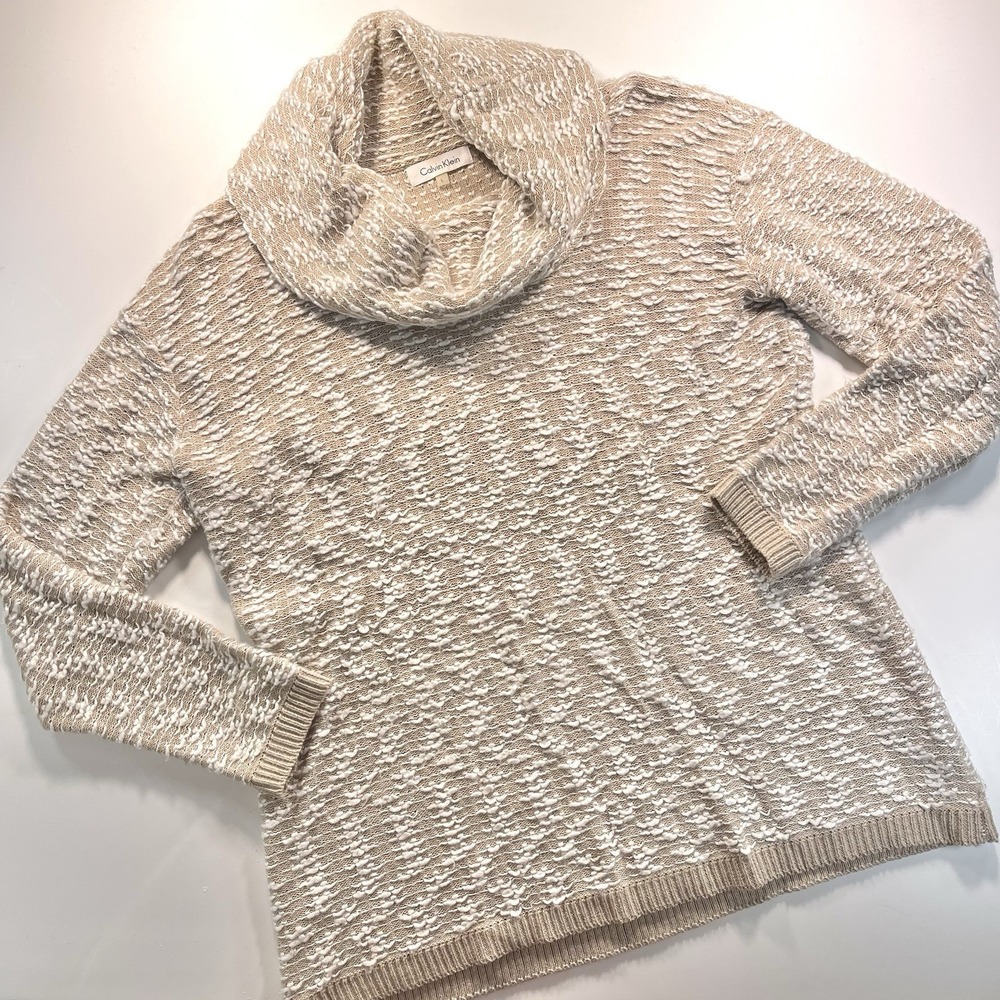 Calvin Klein Women's Pullover Cowl Neck Sweater Tan White Long‎ Sleeve Large
